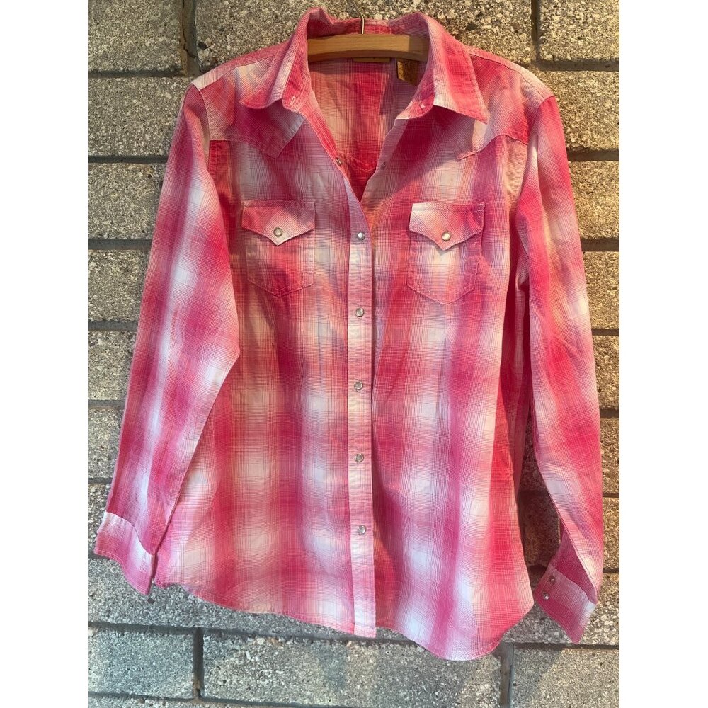 Wrangler Pink Ombre Plaid Western Snap Button Shirt Vintage Soft Cotton Blend